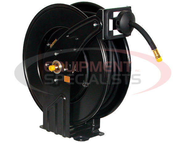 1/2 INCH DIAMETER X 50 FOOT LONG BLACK HOSE WITH BLACK STEEL REEL