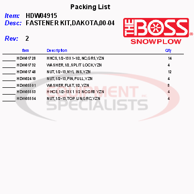 (Boss) [HDW04915] FASTENER KIT, DAKOTA, 00-04