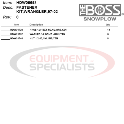 (Boss) [HDW05658] FASTENER KIT, WRANGLER, 97-02